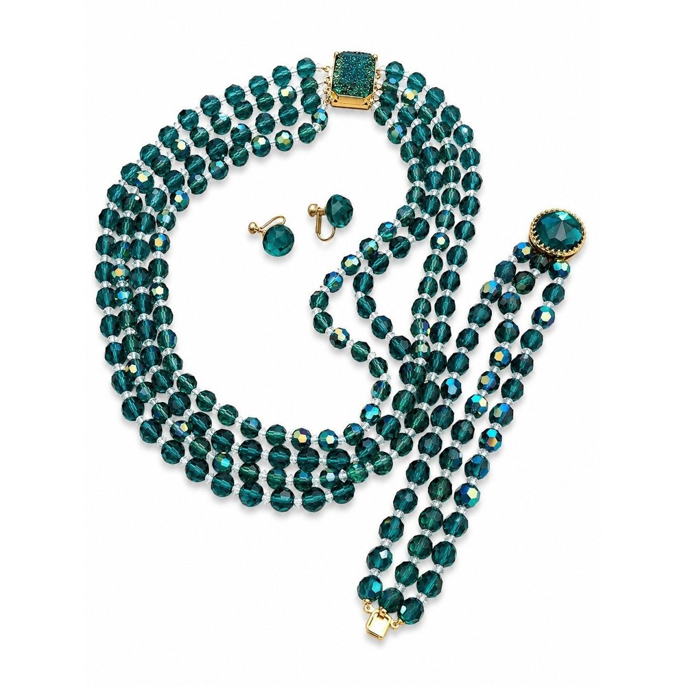 Hattie Carnegie Demi-Parure Emerald Green Glass Bead Necklace & Earring Set Gold